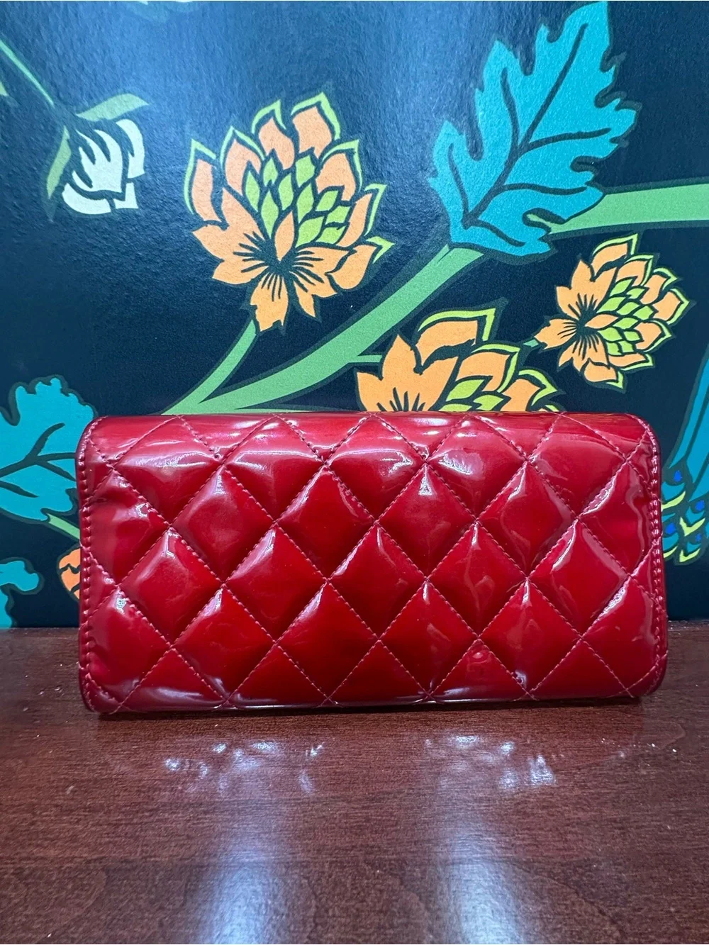 Chanel Classic Red Patent Quilted Long Flap Wallet Silver CC 13 Series